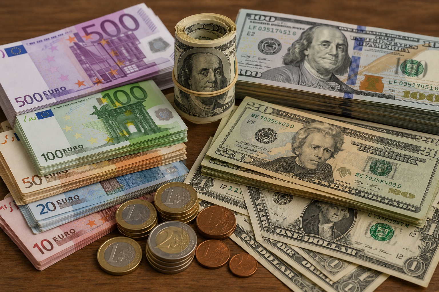 Stacks of euro and dollar banknotes with coins for budgeting