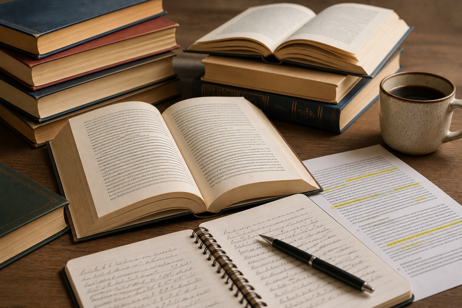 Study desk with books, notes, highlighted pages, coffee, and pen
