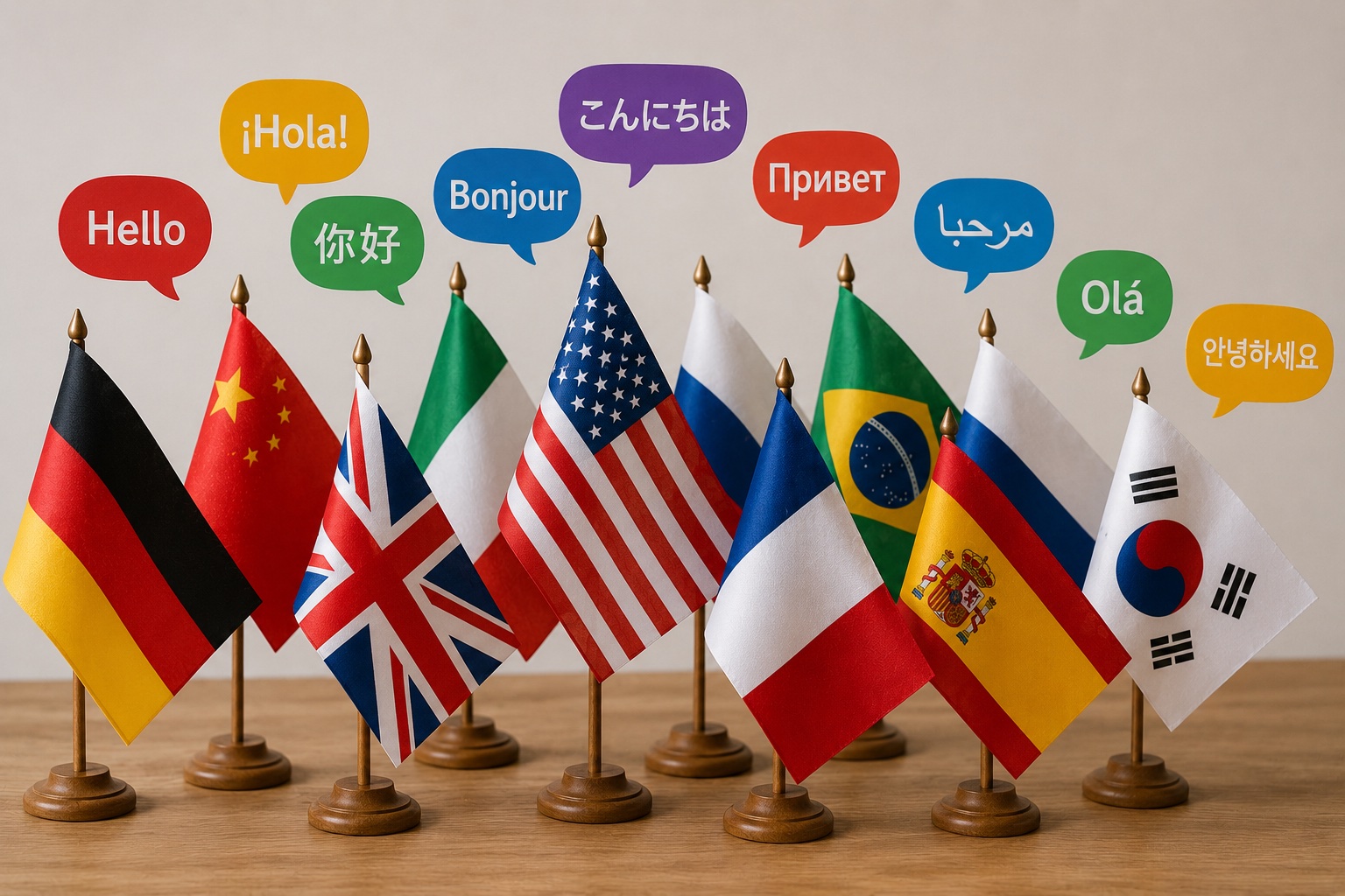 International flags with greeting speech bubbles in multiple languages