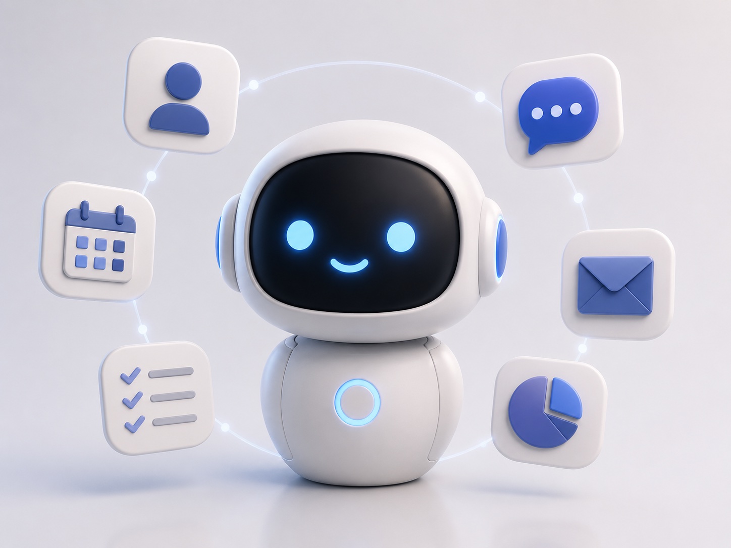 Friendly AI assistant robot surrounded by calendar, email, chat, and task icons