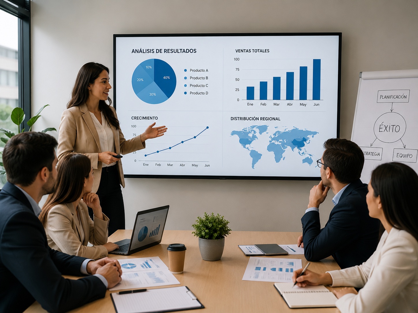 Business presentation meeting with charts and analytics on a large screen
