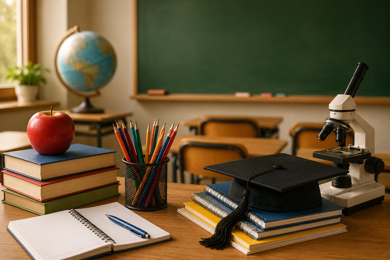 Classroom desk with books, pencils, microscope, and graduation cap