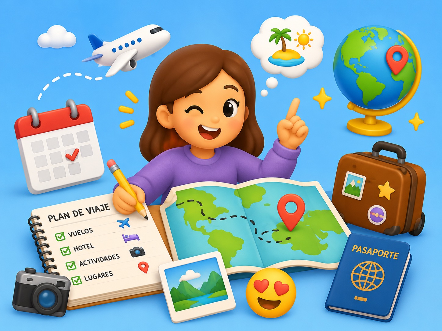 Travel planning illustration with map, passport, airplane, suitcase, and calendar